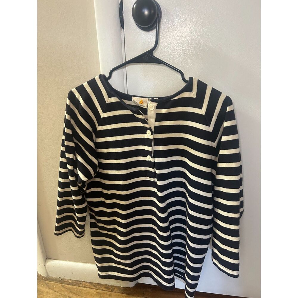 VTG Liz Claiborne Striped Henley Shirt Large Navy Cream Cotton Raglan 90s